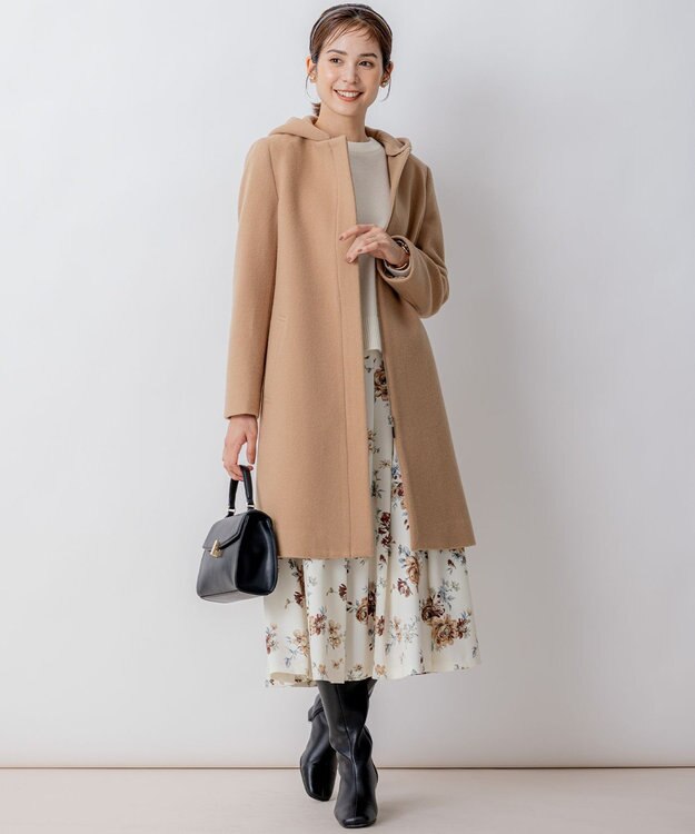 組曲 【2WAY・WEB限定】ショートビーバー フーディーロングコート ベージュ系