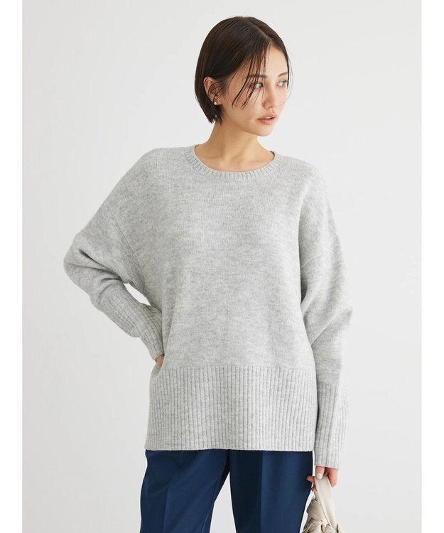 Green Parks ｆｕｗａっとメランジ袖リブ長めニットプルオーバー Light Gray