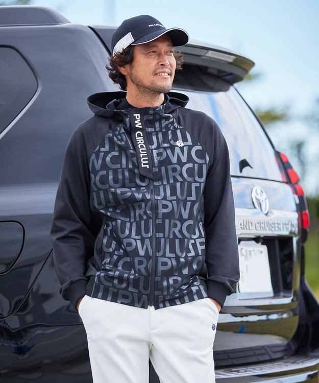 PW CIRCULUS 【MEN】【撥水/防風/ストレッチ】ロゴプリント ジップアップ フーデッド ブルゾン ブラック系