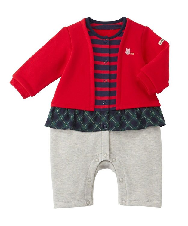 MIKI HOUSE HOT BISCUITS 【70-80cm】カーディガン重ね着風 7分丈カバーオール 赤