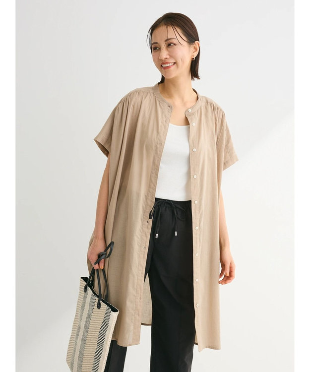 Green Parks インド綿　パイピングバンドカラーシャツチュニック Beige