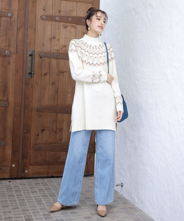 Tiaclasse L 【洗える】ノルディック柄ニットチュニック オフホワイト