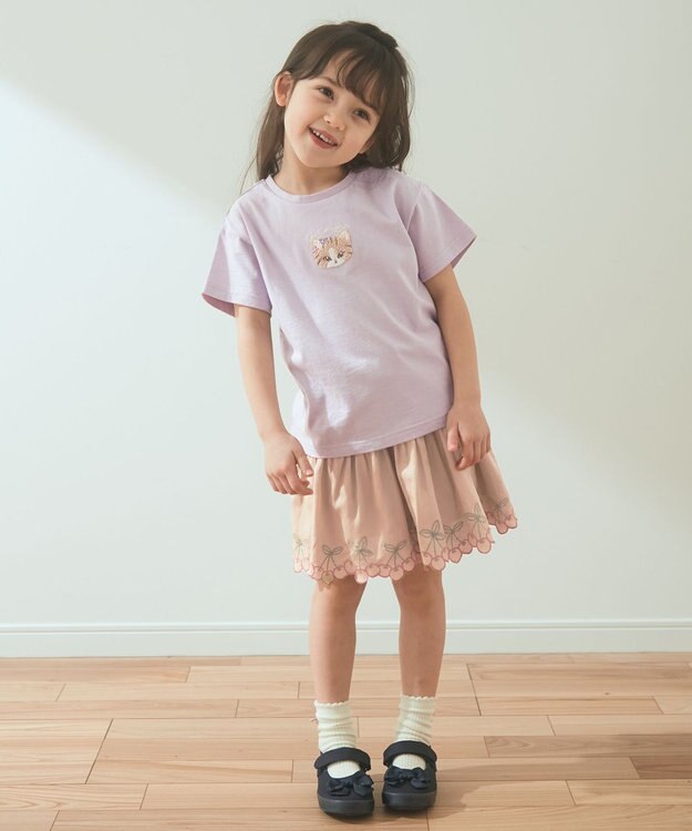 ANY KIDS オーガビッツアニマルサガラ刺繍Ｔシャツ ラベンダー×ネコ