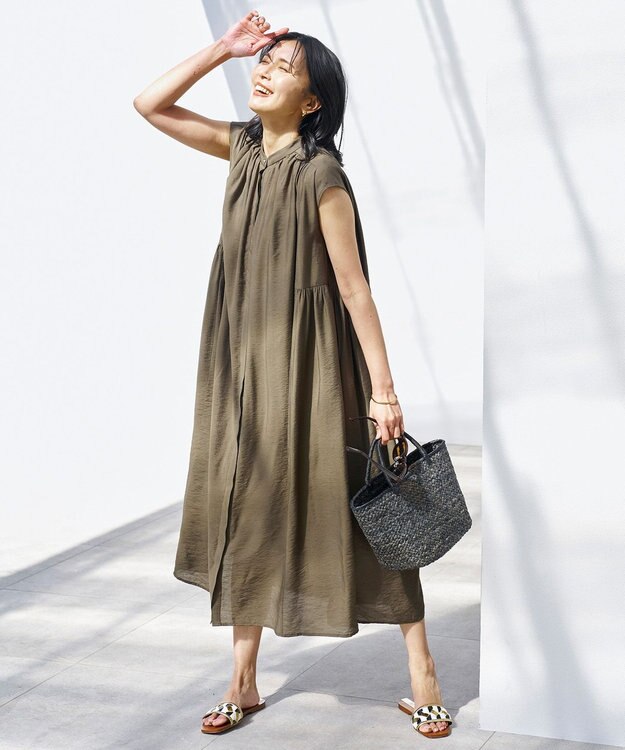 UNFILO ヴィンテージシアー ギャザーワンピース カーキ