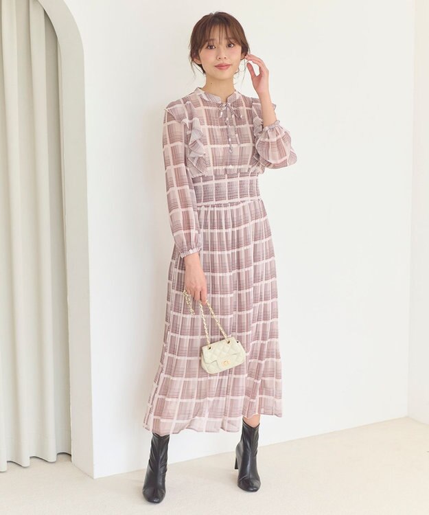 Feroux 【洗える】プリーツ ワンピース ダークブラウン系（チェック柄）