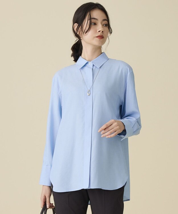 自由区 L ドレープブロード シャツブラウス サックス×白ライン