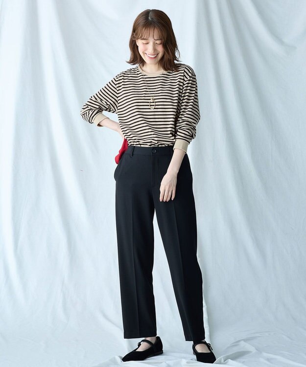 ANY リブポイントテールＴシャツ ベージュ×ブラック