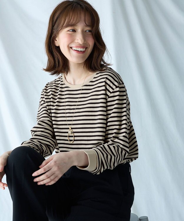 ANY リブポイントテールＴシャツ ベージュ×ブラック