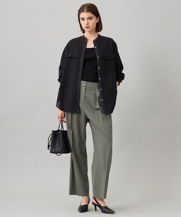 ICB 【洗える】シアーボイル バンドカラーシャツ ブラック系