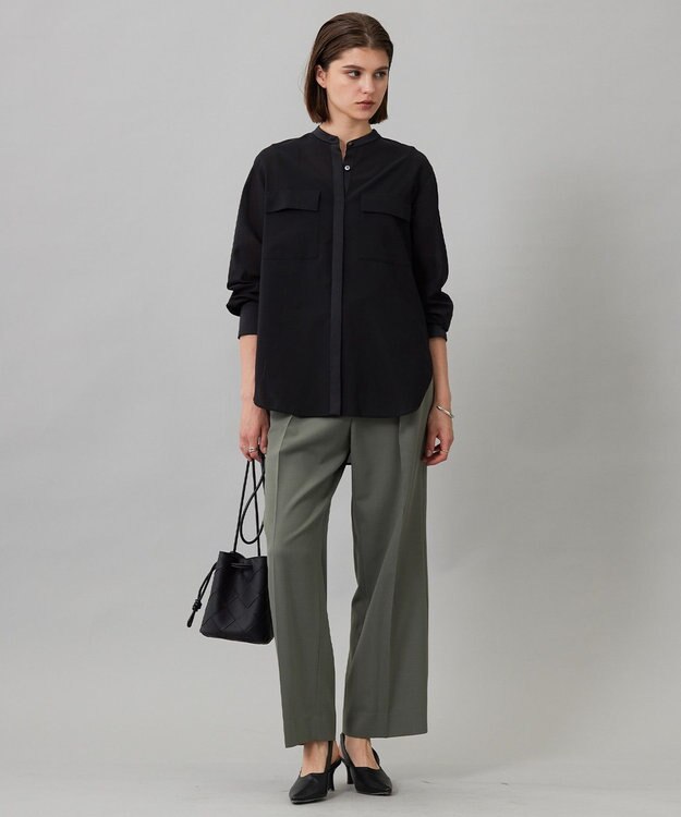 ICB 【洗える】シアーボイル バンドカラーシャツ ブラック系