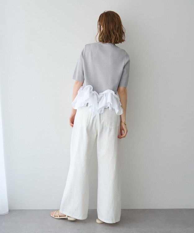YECCA VECCA パール釦ラッフル5分袖カーディガン Gray mixture