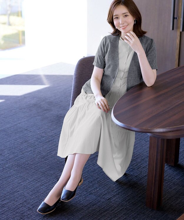 Tiaclasse 【洗える】  麻調半袖ジャケット チャコールグレー