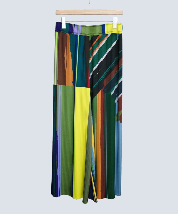 COQ DIALOGUE 前後2WAYプリーツパンツ グリーンマルチカラーストライプ