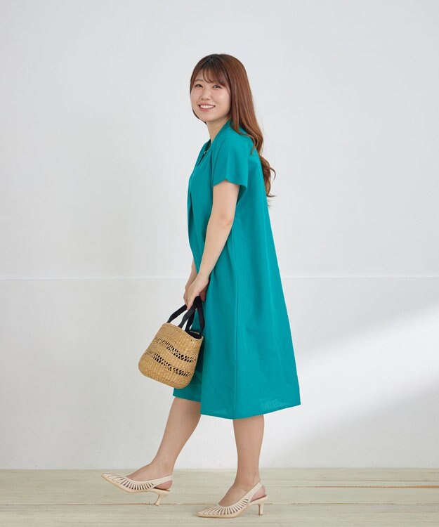 Tiaclasse 【洗える】リネンミックススキッパーシャツワンピース グリーン