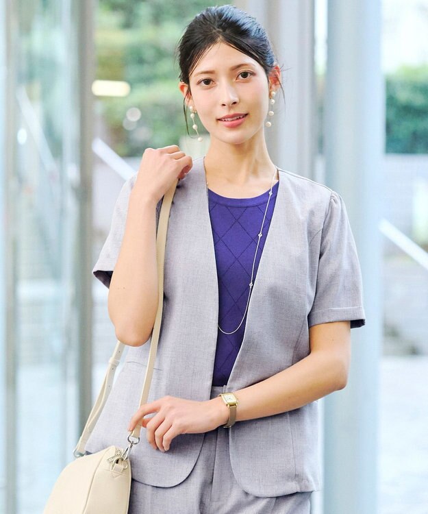 Tiaclasse 【洗える】  麻調半袖ジャケット サックスグレー