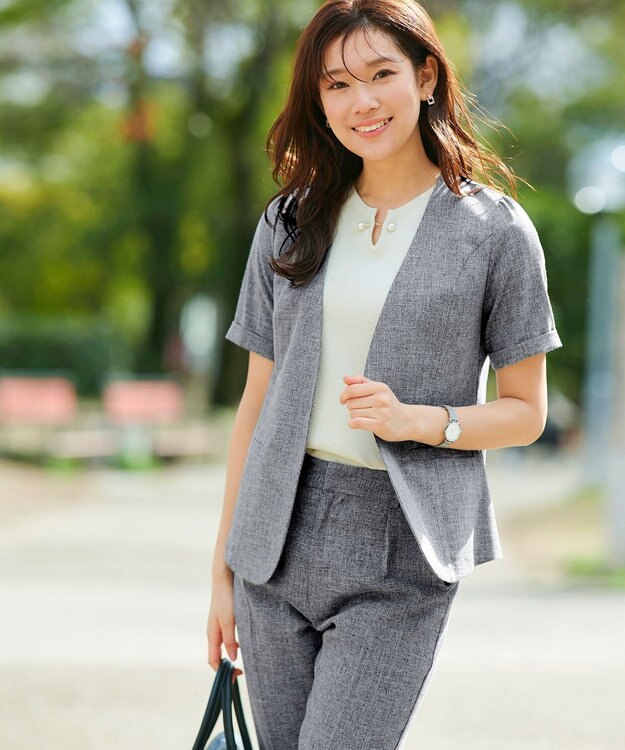 Tiaclasse 【洗える】  麻調半袖ジャケット チャコールグレー