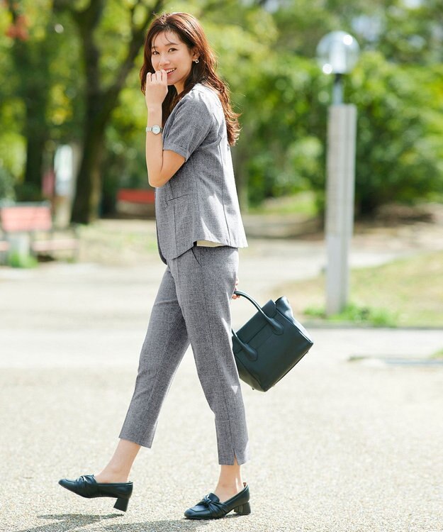 Tiaclasse 【洗える】  麻調半袖ジャケット チャコールグレー