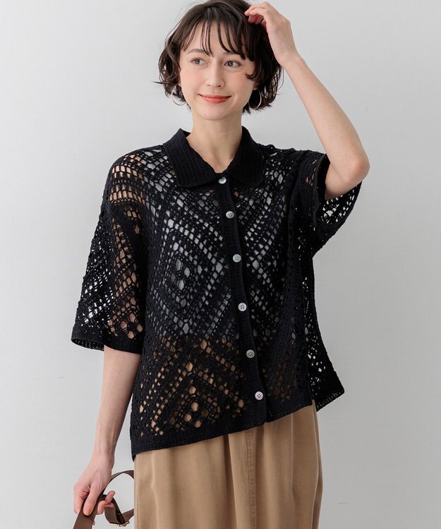 23区 【先行予約】エンブロイダリーレース ポロ ニット ブラック系