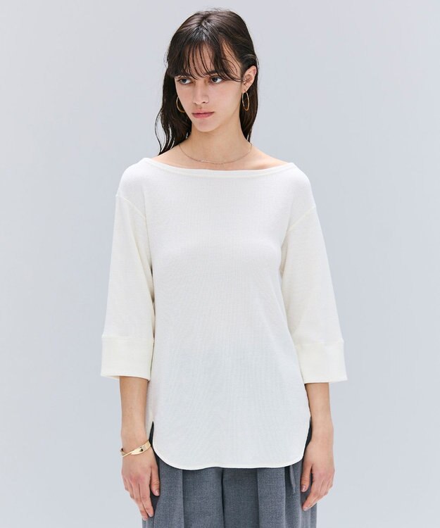 BEIGE， 【洗える】GLOBE / コットンリブ7分袖カットソー Ecru