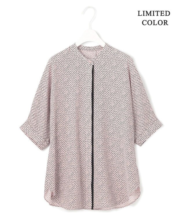 ICB L 【人気のため新色追加・接触冷感・UVケア・速乾・洗える】BackSatinAmunzen 5分袖バンドカラーブラウス ヘイズピンク柄系［WEB限定］