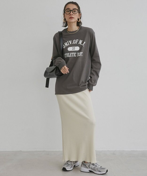 WEGO 【ANGIE VINTAGE】GILDAN カレッジロゴ オーバーサイズ プリント ロンT ダークグレー