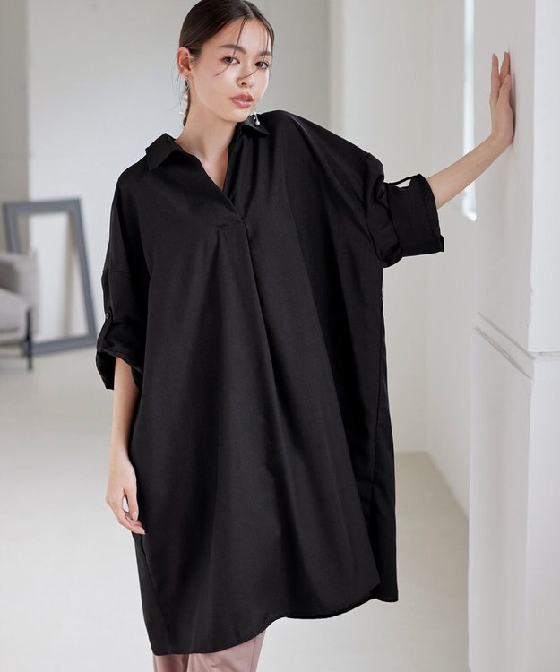 Tiaclasse 【洗える】麻ライクスキッパーシャツチュニック ブラック