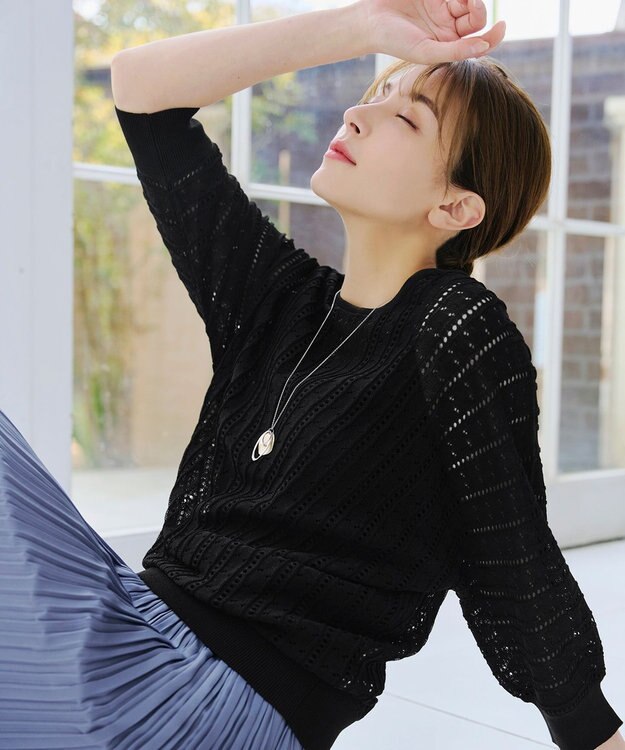 Tiaclasse 【洗える】透かし編みドルマンニットトップス ブラック