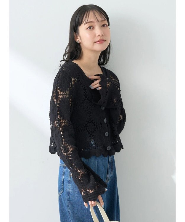 earth music&ecology クロシェ風カーディガン Black