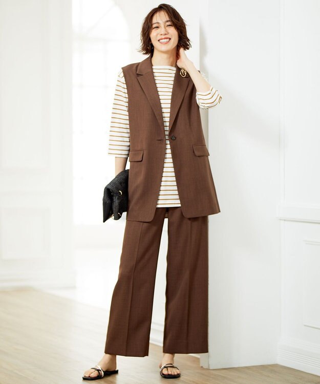 自由区 【接触冷感・速乾・UVカット・撥水・防シワ】リネンライクツイル ミドル丈ジレ ダークブラウン系