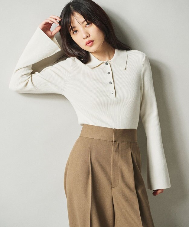 uncrave 【洗濯機洗い可】リブ フレアスリーブポロニット（uncrave STANDARD） エクリュ