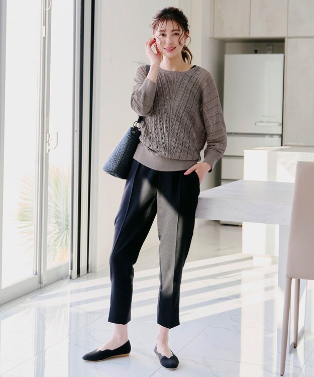 Tiaclasse 【洗える】透かし編みドルマンニットトップス モカ