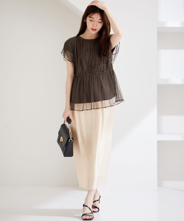 ANY SIS 【洗える】チュールペプラム ブラウス ダークブラウン系