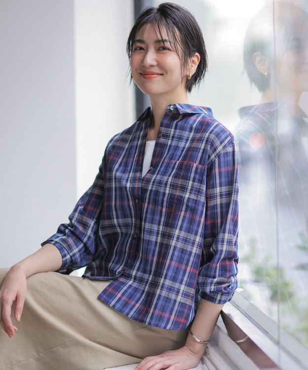 J.PRESS LADIES S コットンリネン Light マドラスチェック シャツ ネイビー系