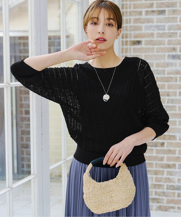 Tiaclasse 【洗える】透かし編みドルマンニットトップス ブラック