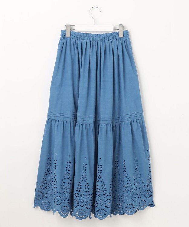 Feroux 【洗える】刺繍ティアード スカート ブルー系
