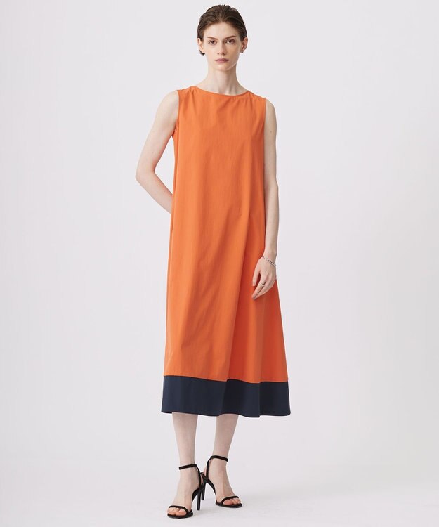 ICB L 【洗える】RENUソフトタイプライター ノースリーブワンピース テラコッタ×ネイビー系