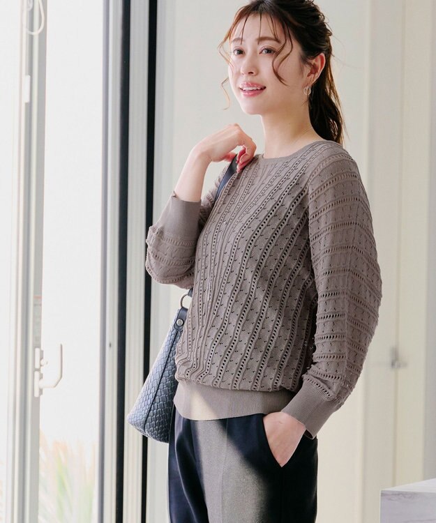 Tiaclasse 【洗える】透かし編みドルマンニットトップス モカ