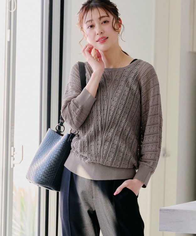 Tiaclasse 【洗える】透かし編みドルマンニットトップス モカ