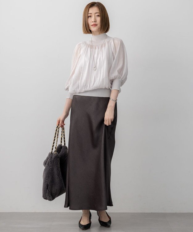 23区 【洗える】シアーギャザー ハイネック ニット ライトグレー系