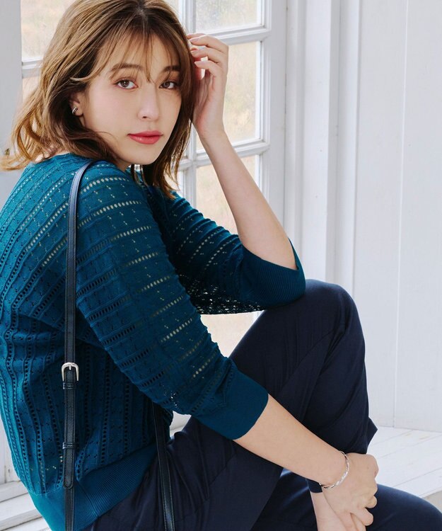 Tiaclasse 【洗える】透かし編みドルマンニットトップス ターコイズ