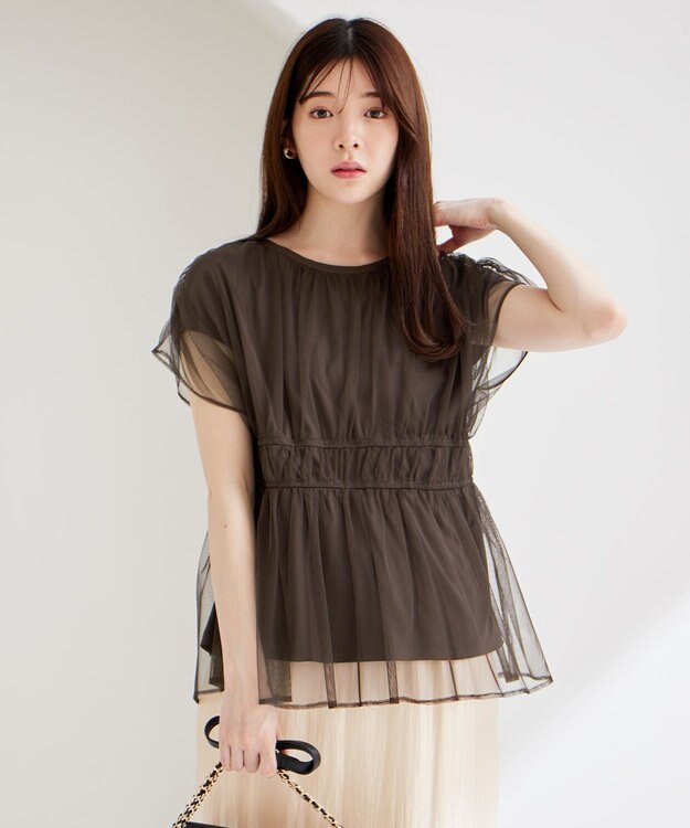 ANY SIS 【洗える】チュールペプラム ブラウス ダークブラウン系