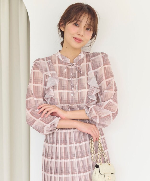 Feroux 【洗える】プリーツ ワンピース ダークブラウン系（チェック柄）