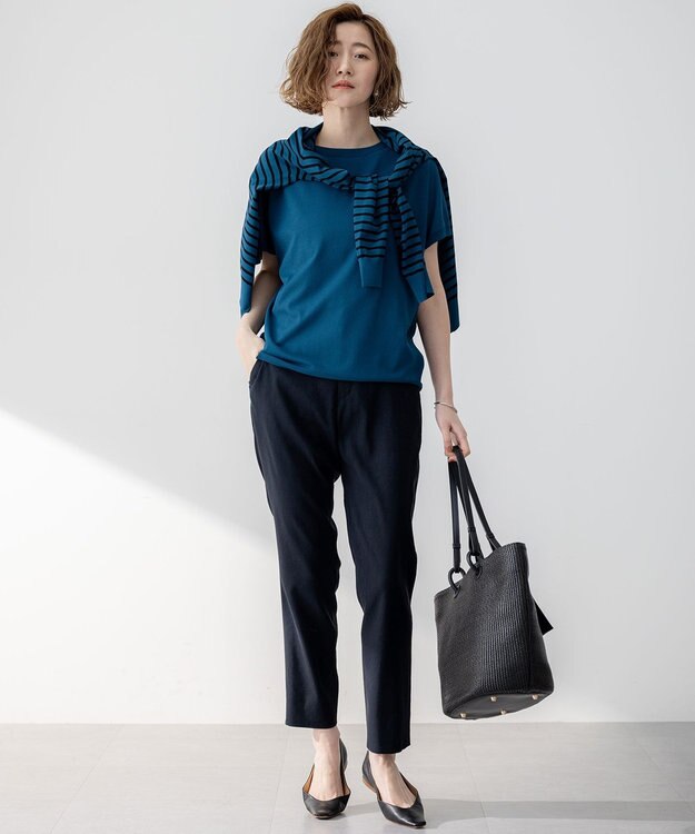 23区 S 【洗える】レーヨンポリエステルストレッチ カーディガン ダークブルー×ブラックボーダー