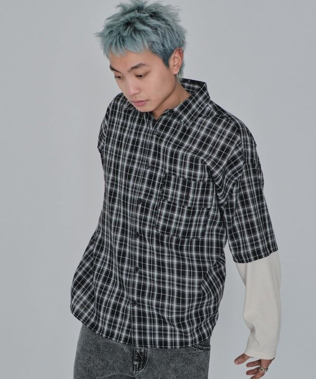 WEGO 【ユニセックス着用ITEM/MLサイズ展開】チェックレイヤードシャツ（LS） ブラックチェック1