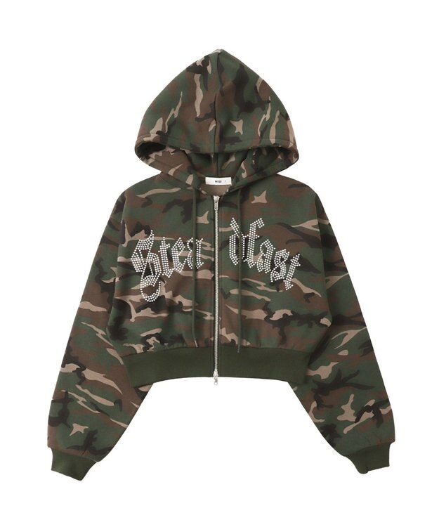 WEGO 【裏起毛】ラインストーン裏起毛ショートジップパーカー 柄1