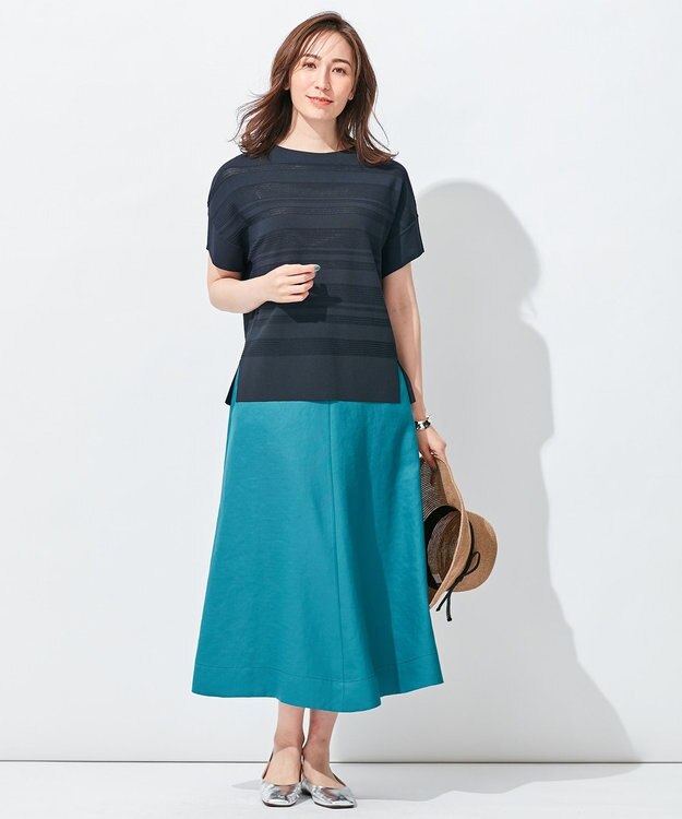 自由区 【洗える】クレープストレッチボーダー ニット ネイビー系