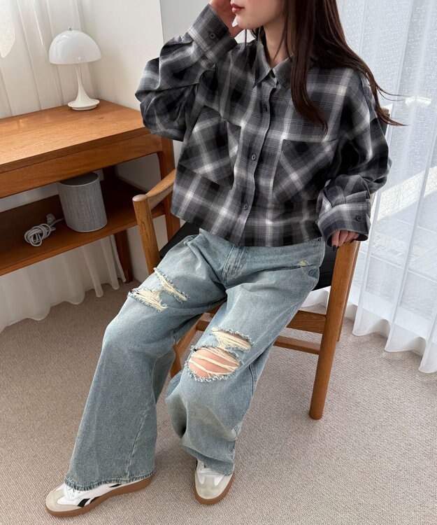 WEGO ダメージワイドデニムパンツ デニム淡加工色