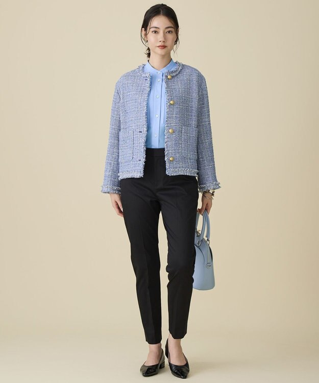 自由区 ファンシーノットツイードノーカラー ジャケット ブルー