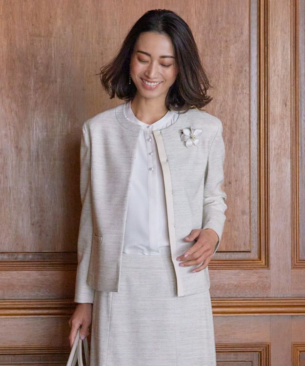 J.PRESS LADIES ライトツイードストレッチ ノーカラー ジャケット ベージュ系1