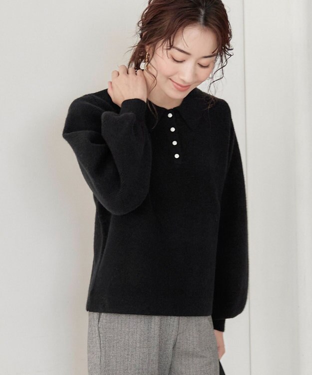 Tiaclasse L 【洗える】衿付きパフ袖ニット ブラック